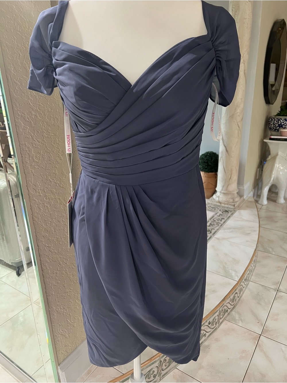 JJs House Slate Blue One-Shoulder Ruched Cocktail Dress